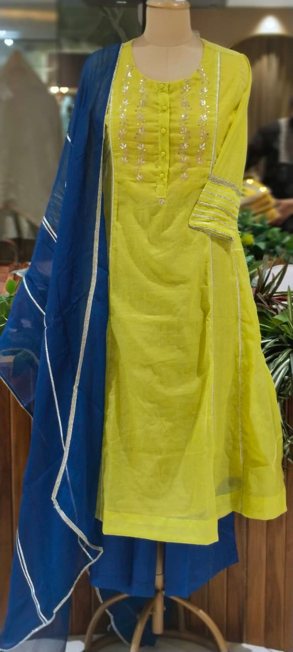 Twin Color Parrot Inspired Pure Chanderi A-Line Full Suit Set With Organza Dupatta- 16248