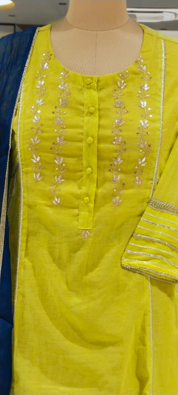 Twin Color Parrot Inspired Pure Chanderi A-Line Full Suit Set With Organza Dupatta- 16248