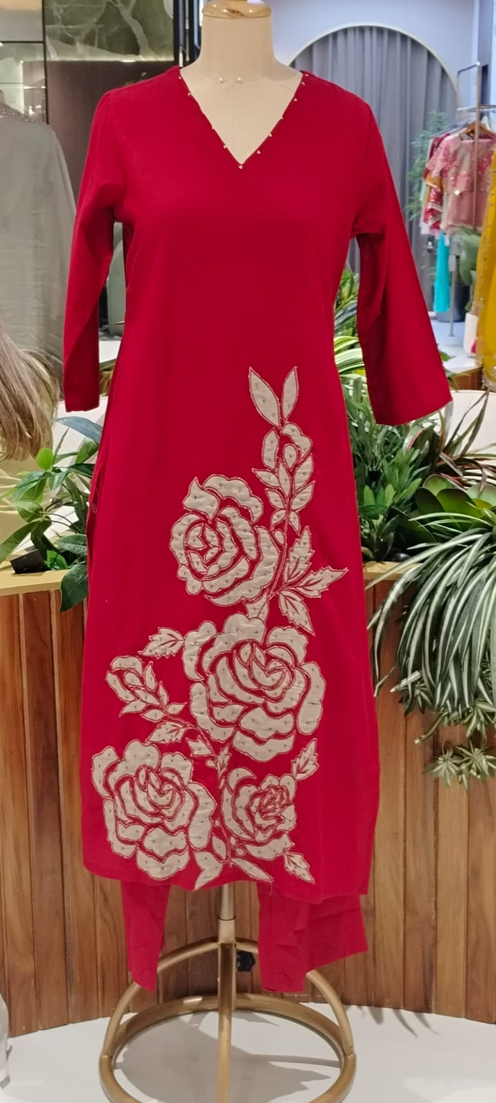 Rose Inspired Weavin Embroidery Solid Matching Cotton Straight Full Suit Set With Dupatta- 16122