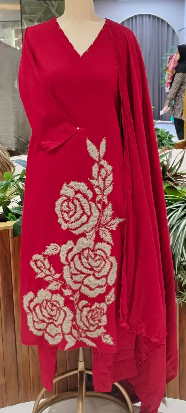 Rose Inspired Weavin Embroidery Solid Matching Cotton Straight Full Suit Set With Dupatta- 16122