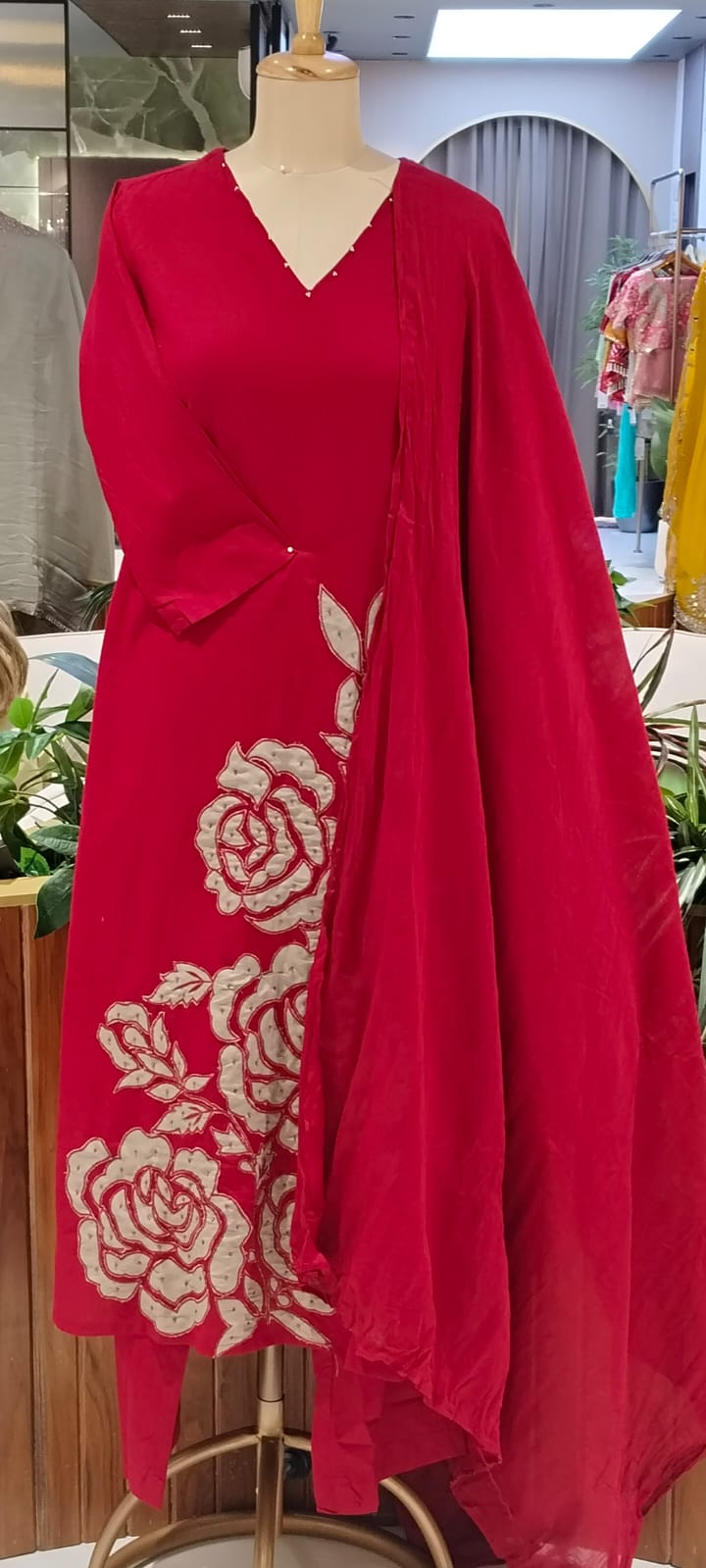 Rose Inspired Weavin Embroidery Solid Matching Cotton Straight Full Suit Set With Dupatta- 16122