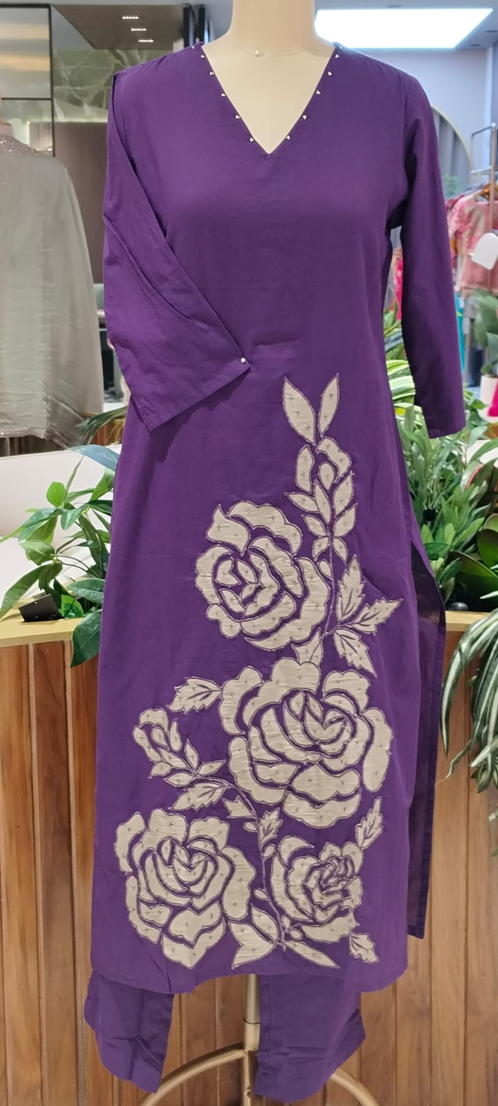 Rose Inspired Weavin Embroidery Solid Matching Cotton Straight Full Suit Set With Dupatta- 16122