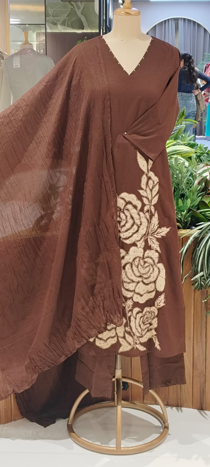 Rose Inspired Weavin Embroidery Solid Matching Cotton Straight Full Suit Set With Dupatta- 16122
