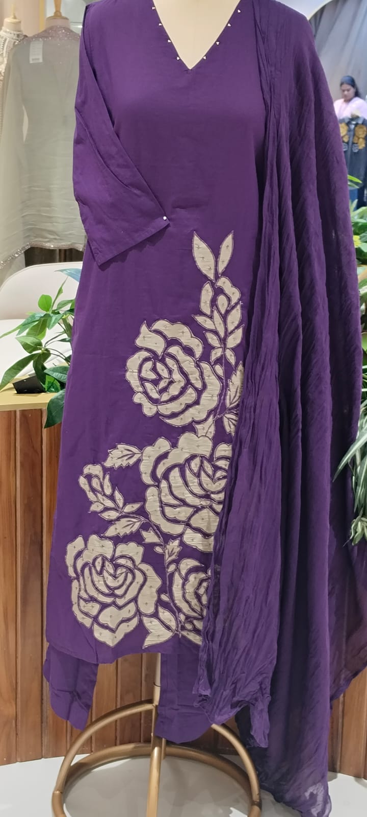 Rose Inspired Weavin Embroidery Solid Matching Cotton Straight Full Suit Set With Dupatta- 16122