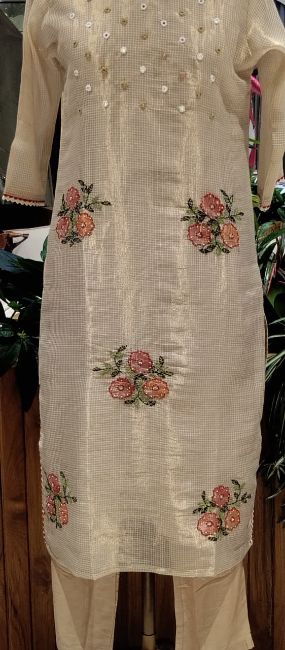Kota Tissue Intricate Floral Embroidered Checks Shiny Full Suit Set With Dupatta- 16243