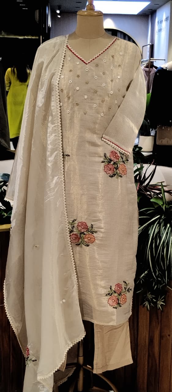 Kota Tissue Intricate Floral Embroidered Checks Shiny Full Suit Set With Dupatta- 16243