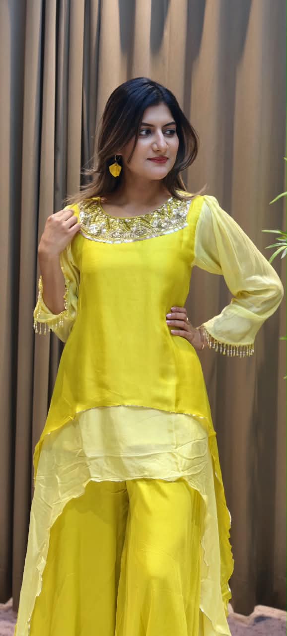 High-Low Layered Asymmetric Tunic Kurti with Heavily Embellished Foil Work Neckline and Wide-Leg Palazzo Pants Set- 16239