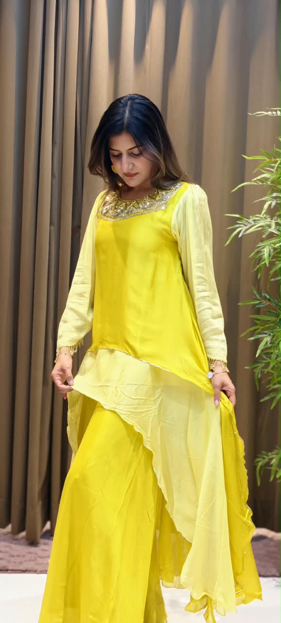 High-Low Layered Asymmetric Tunic Kurti with Heavily Embellished Foil Work Neckline and Wide-Leg Palazzo Pants Set- 16239