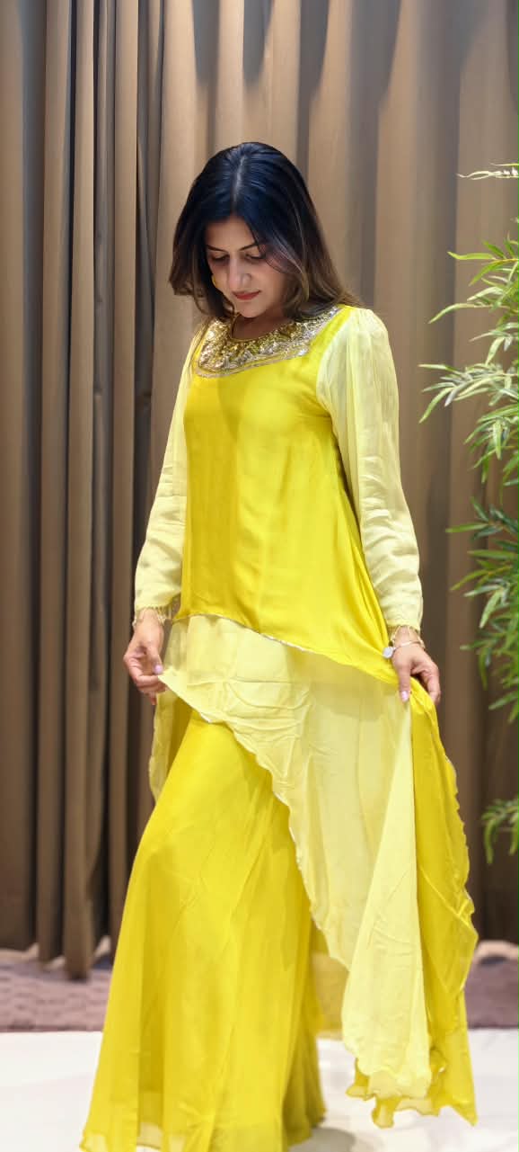 High-Low Layered Asymmetric Tunic Kurti with Heavily Embellished Foil Work Neckline and Wide-Leg Palazzo Pants Set- 16239