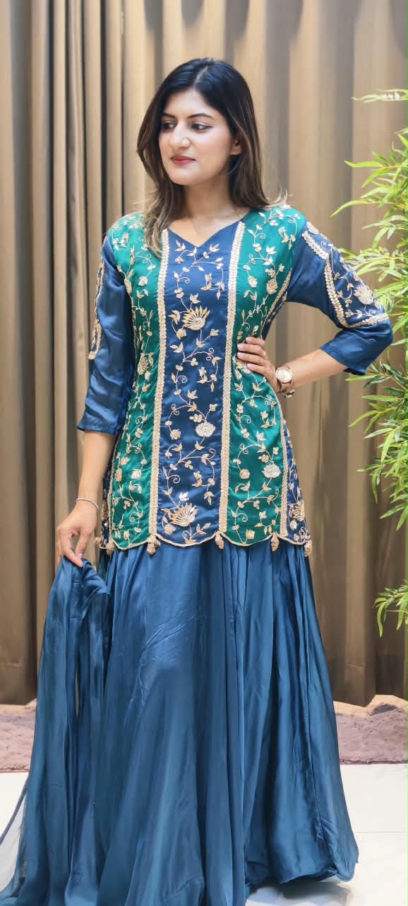 Royal Silk Embroidered Short Kurti with Flared Sharara and Matching Dupatta featuring Heavy Zardozi and Gota Patti Work- 16132