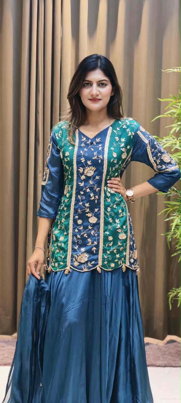 Royal Silk Embroidered Short Kurti with Flared Sharara and Matching Dupatta featuring Heavy Zardozi and Gota Patti Work- 16132