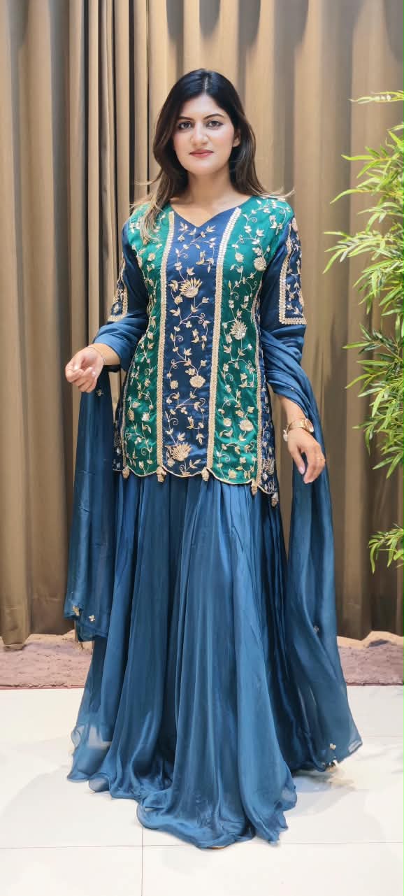 Royal Silk Embroidered Short Kurti with Flared Sharara and Matching Dupatta featuring Heavy Zardozi and Gota Patti Work- 16132