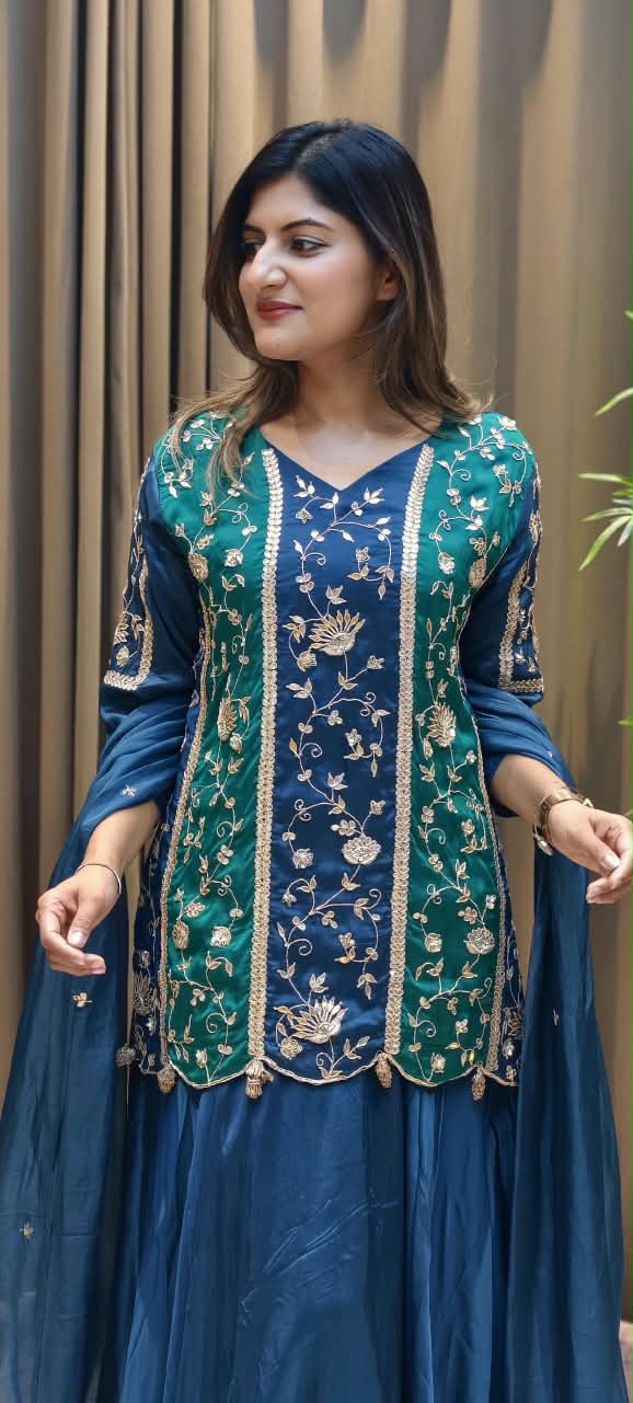 Royal Silk Embroidered Short Kurti with Flared Sharara and Matching Dupatta featuring Heavy Zardozi and Gota Patti Work- 16132