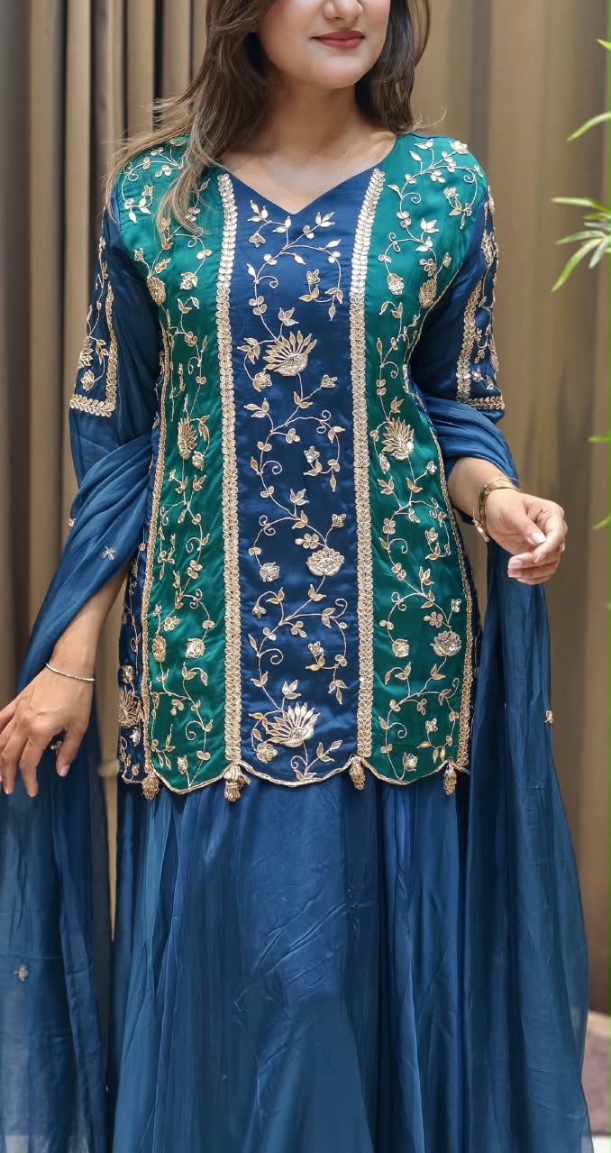Royal Silk Embroidered Short Kurti with Flared Sharara and Matching Dupatta featuring Heavy Zardozi and Gota Patti Work- 16132