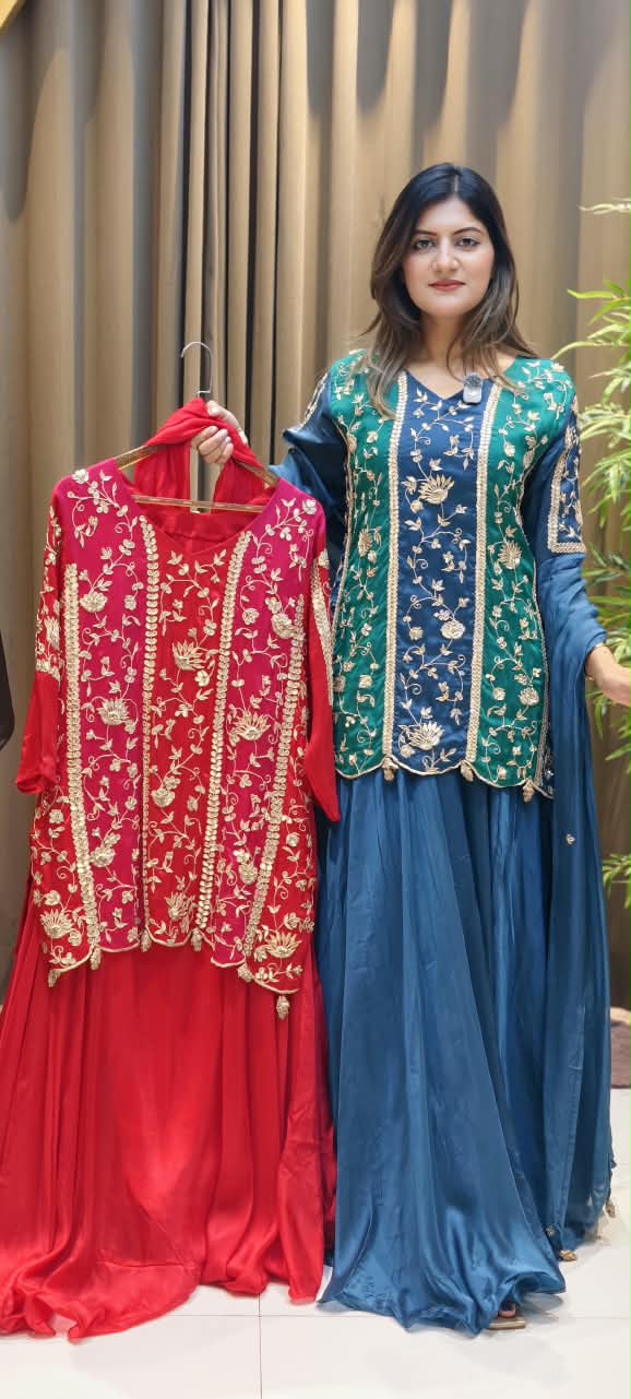 Royal Silk Embroidered Short Kurti with Flared Sharara and Matching Dupatta featuring Heavy Zardozi and Gota Patti Work- 16132