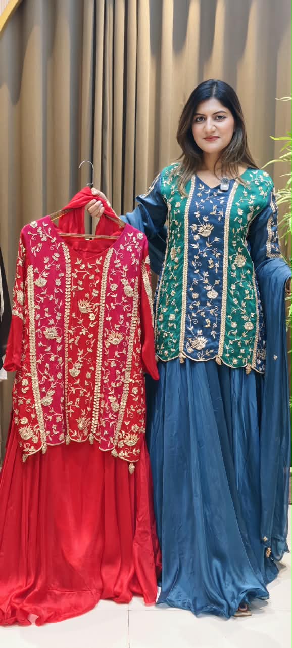 Royal Silk Embroidered Short Kurti with Flared Sharara and Matching Dupatta featuring Heavy Zardozi and Gota Patti Work- 16132