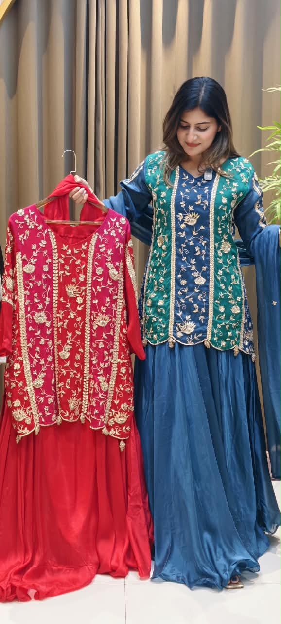 Royal Silk Embroidered Short Kurti with Flared Sharara and Matching Dupatta featuring Heavy Zardozi and Gota Patti Work- 16132