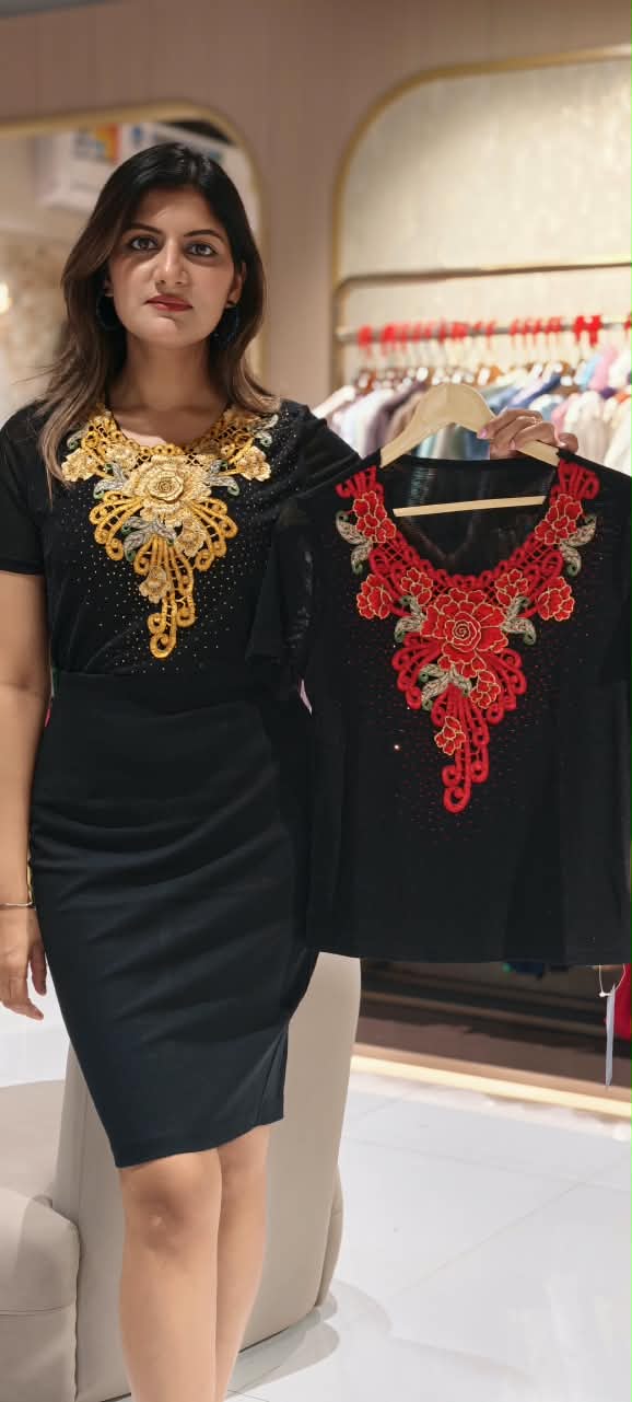 Red & Mustard Floral Appliqué Neckline Rhinestone Embellished Short Sleeve Top- 16198