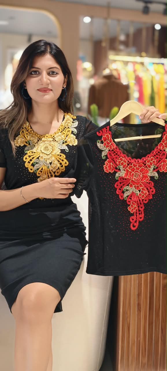 Red & Mustard Floral Appliqué Neckline Rhinestone Embellished Short Sleeve Top- 16198
