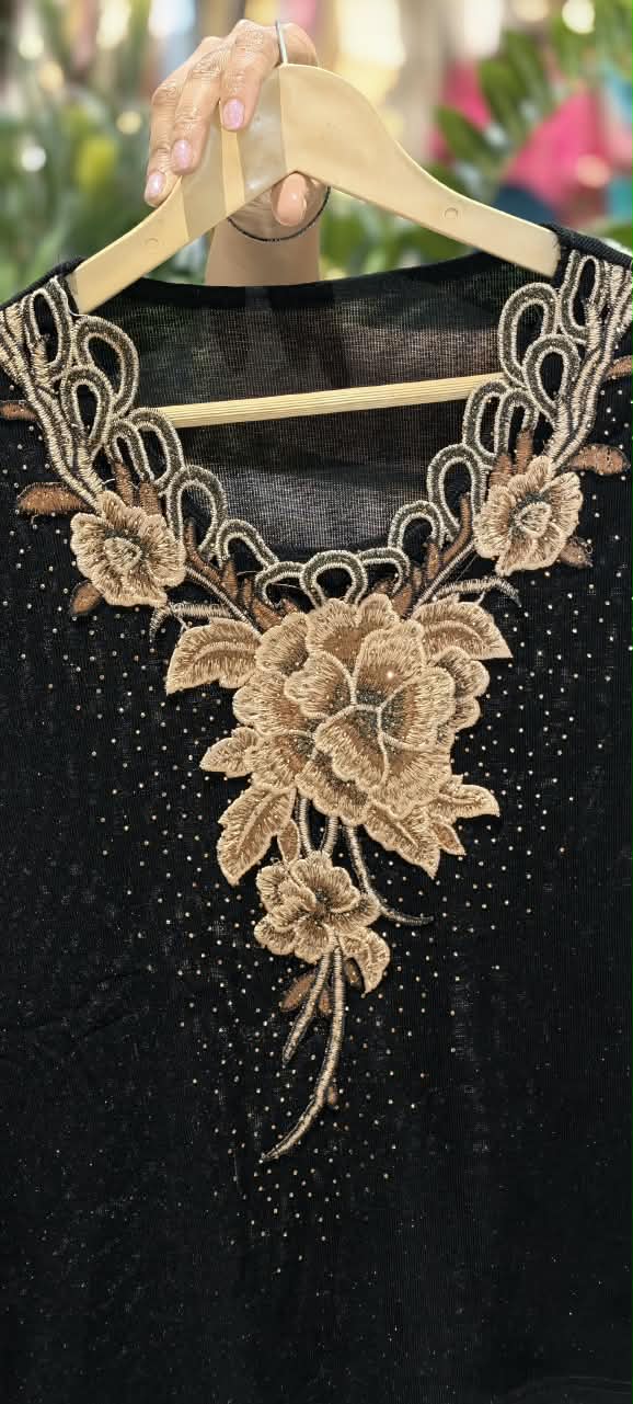 Floral Embroidered Lace Yoke Rhinestone Studded Mesh Top- 16198