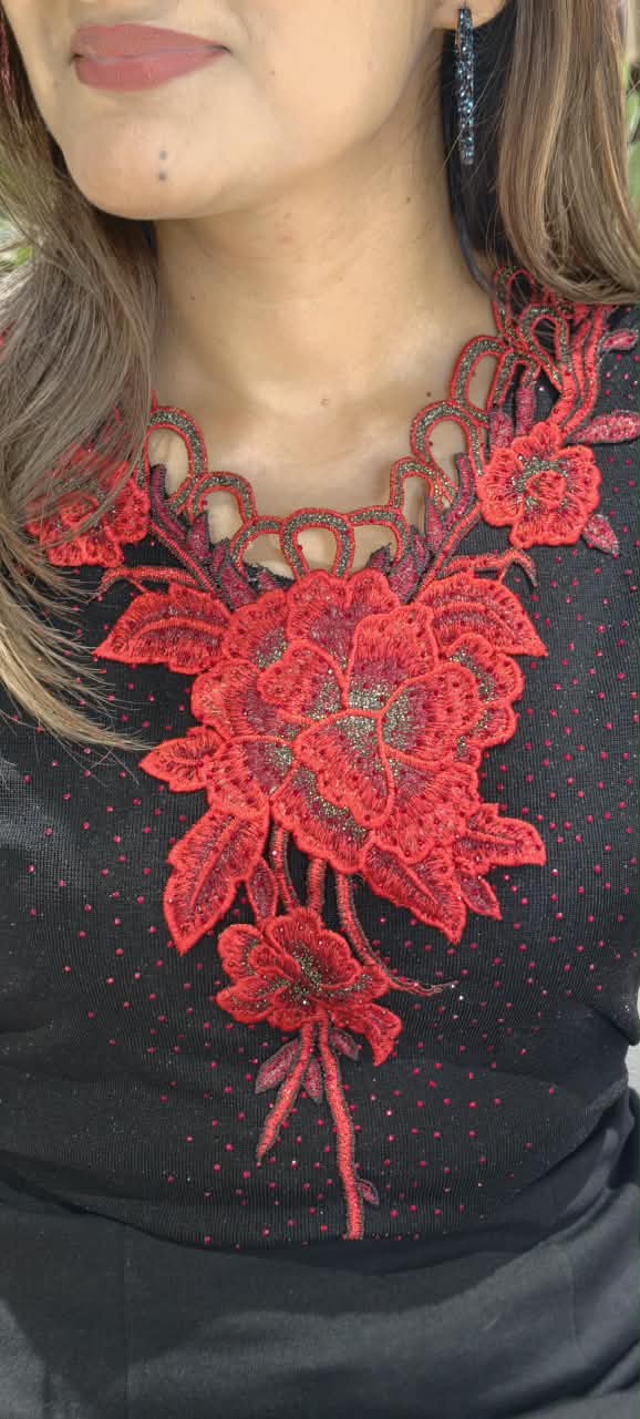 Floral Embroidered Lace Yoke Rhinestone Studded Mesh Top- 16198