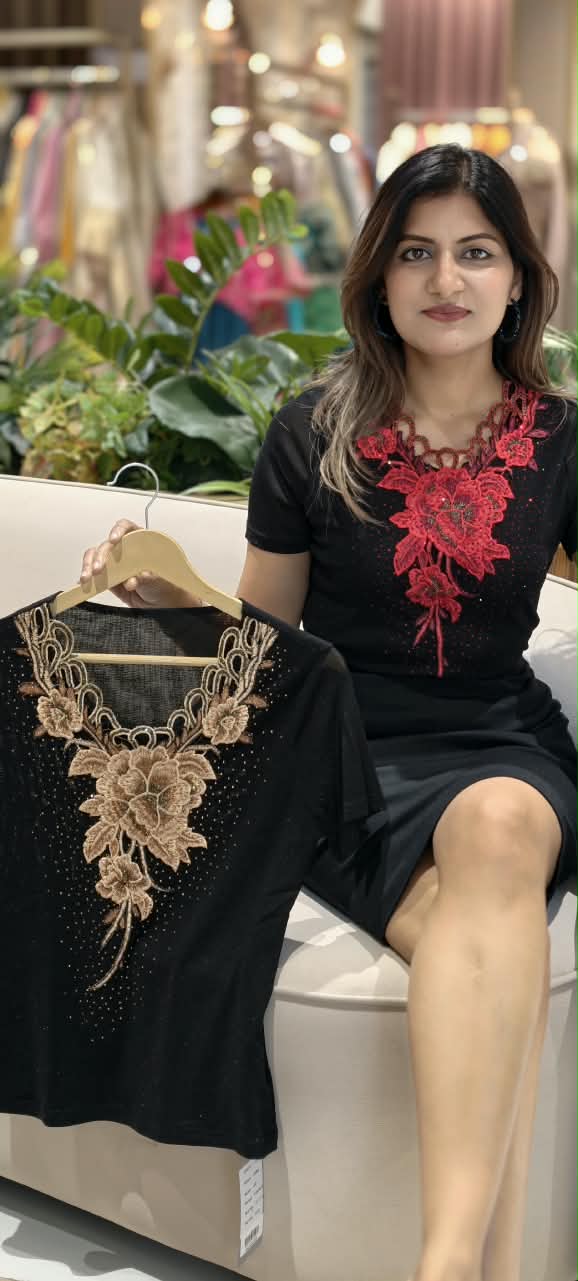 Floral Embroidered Lace Yoke Rhinestone Studded Mesh Top- 16198