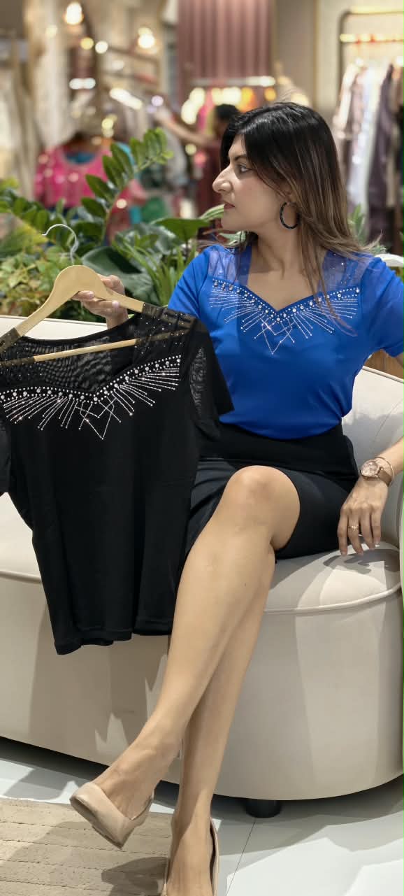 Royal Blue & Black Sweetheart Mesh Yoke Crystal Starburst Embellished Short Sleeve Top- 16166