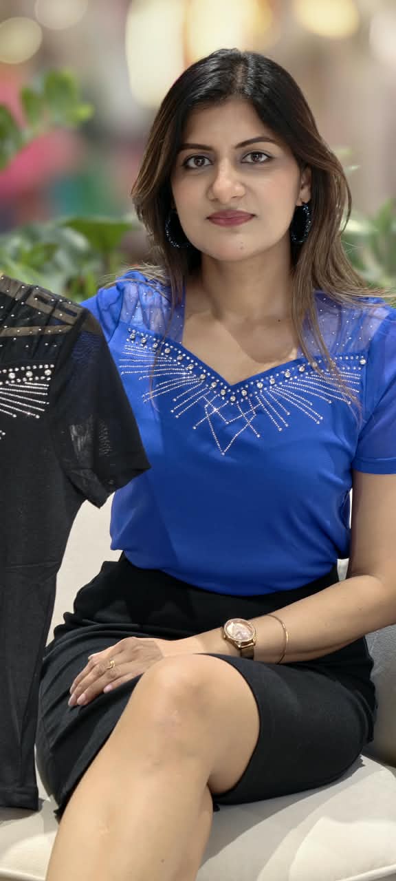 Royal Blue & Black Sweetheart Mesh Yoke Crystal Starburst Embellished Short Sleeve Top- 16166