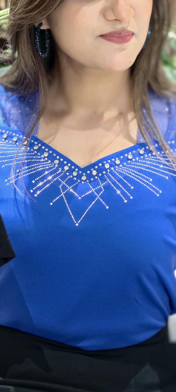 Royal Blue & Black Sweetheart Mesh Yoke Crystal Starburst Embellished Short Sleeve Top- 16166