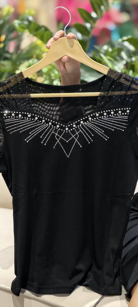 Royal Blue & Black Sweetheart Mesh Yoke Crystal Starburst Embellished Short Sleeve Top- 16166