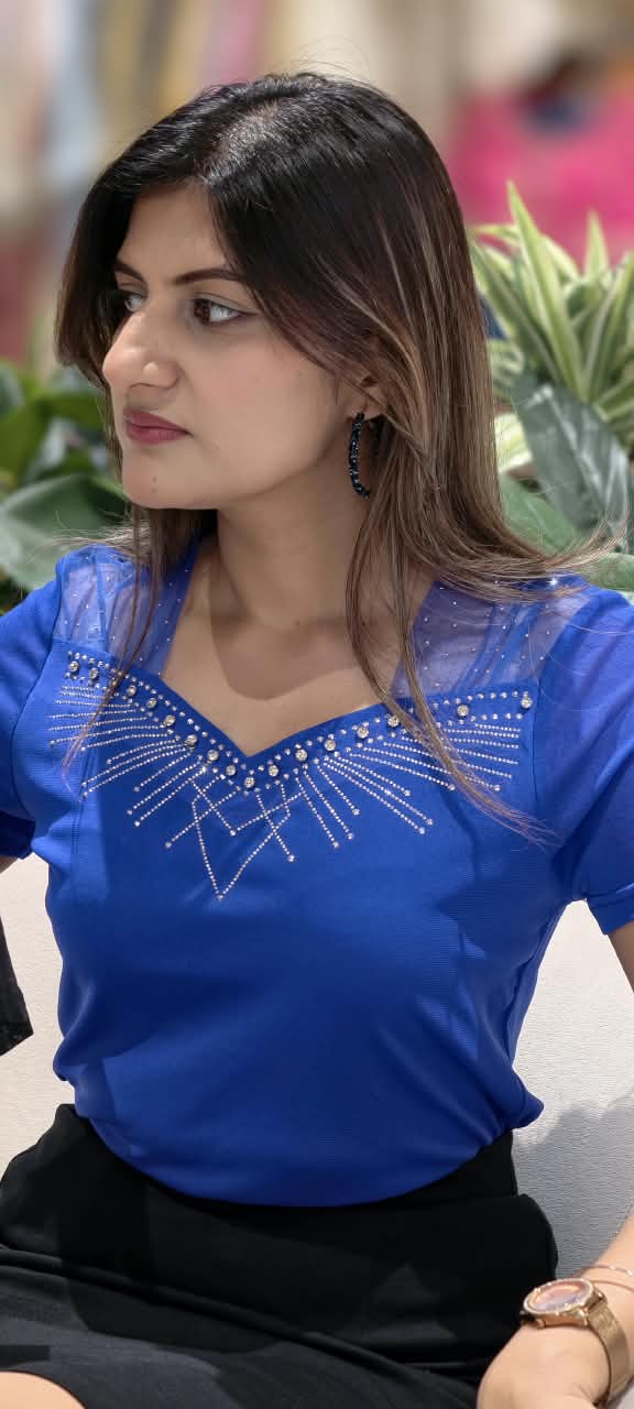 Royal Blue & Black Sweetheart Mesh Yoke Crystal Starburst Embellished Short Sleeve Top- 16166