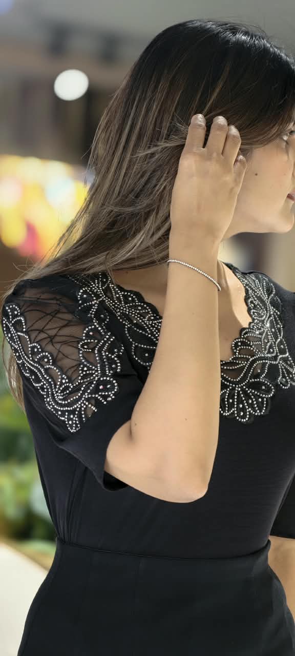 Scalloped Lace Yoke Rhinestone Embellished Sheer Sleeve Party Top- 16173