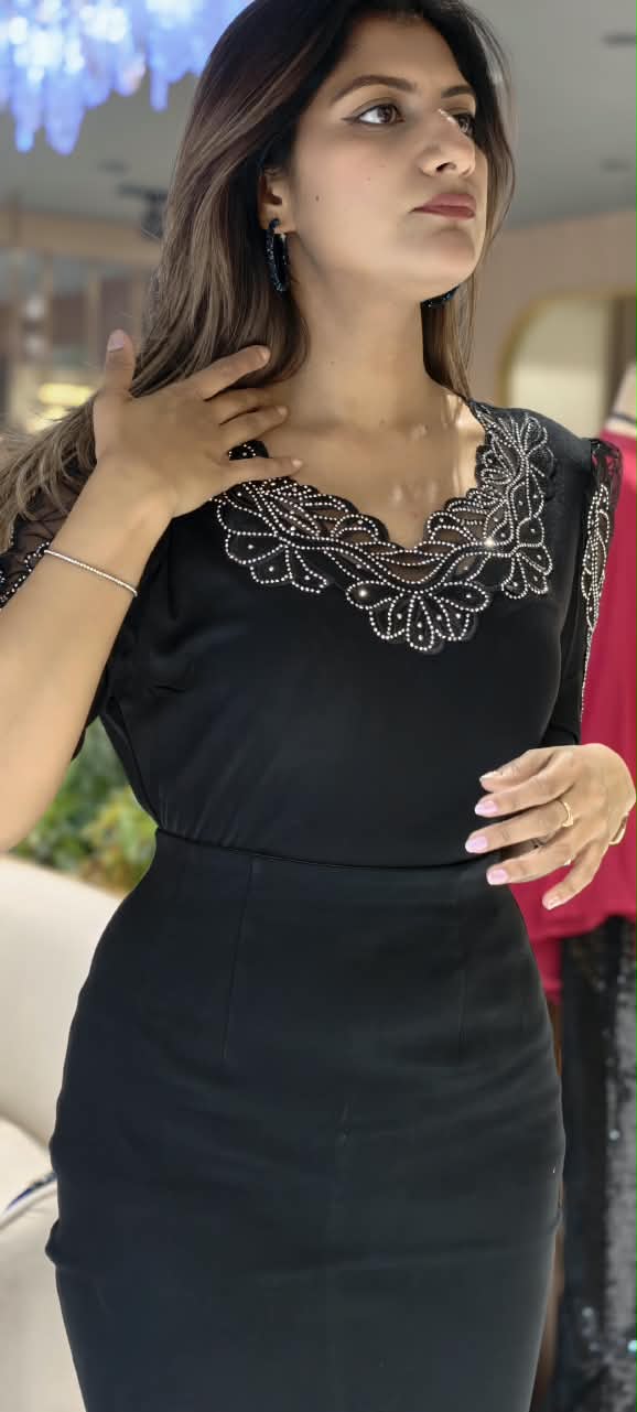 Scalloped Lace Yoke Rhinestone Embellished Sheer Sleeve Party Top- 16173