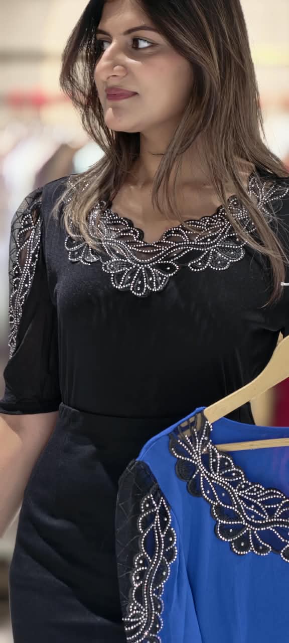 Scalloped Lace Yoke Rhinestone Embellished Sheer Sleeve Party Top- 16173