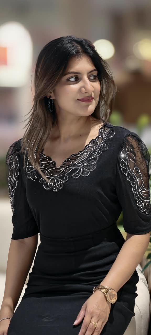 Scalloped Lace Yoke Rhinestone Embellished Sheer Sleeve Party Top- 16173