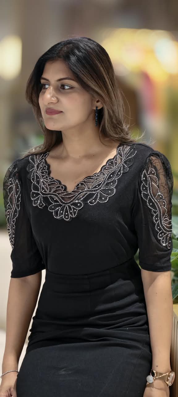 Scalloped Lace Yoke Rhinestone Embellished Sheer Sleeve Party Top- 16173
