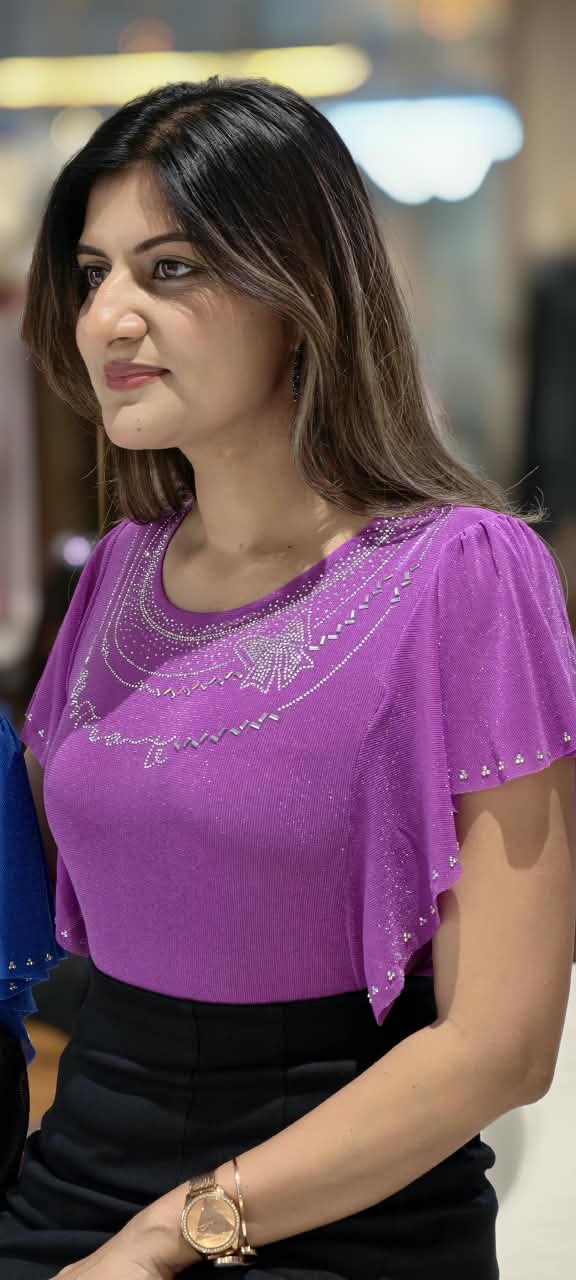 Scoop Neck Butterfly Rhinestone Motif Flutter Sleeve Top- 16166