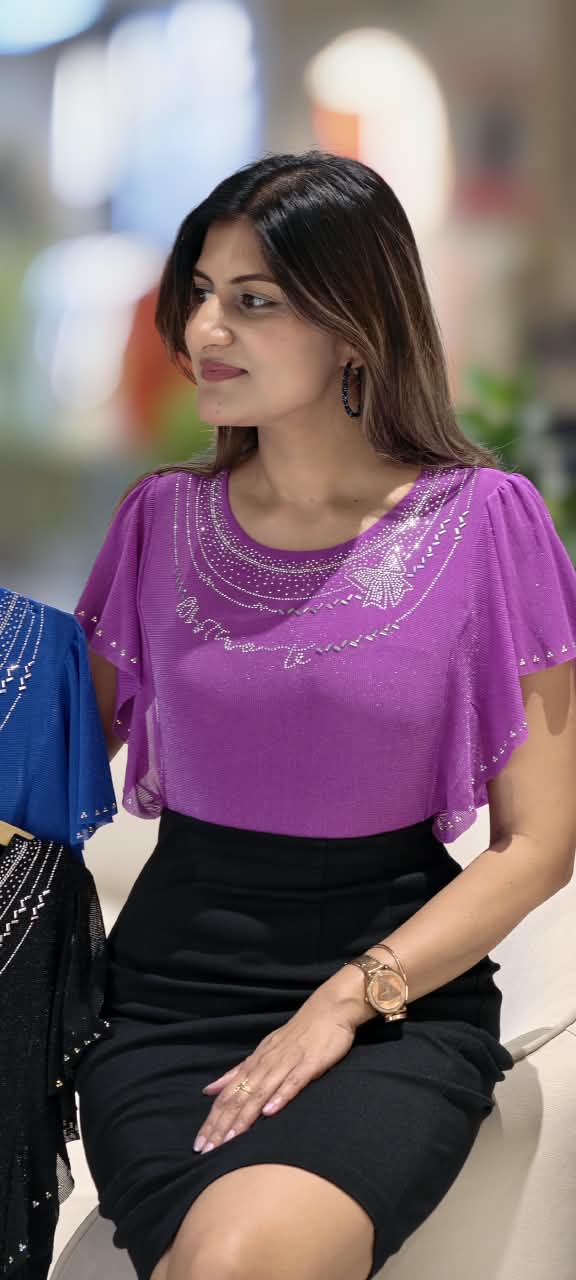 Scoop Neck Butterfly Rhinestone Motif Flutter Sleeve Top- 16166
