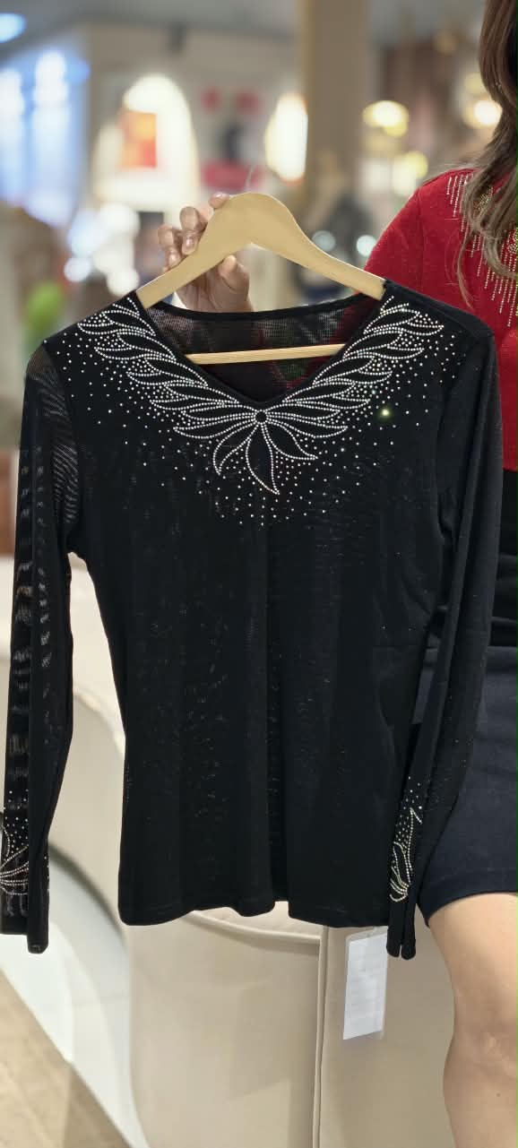 Iridescent Wing Rhinestone Pattern V-Neck Long Sleeve Knit Top- 16198