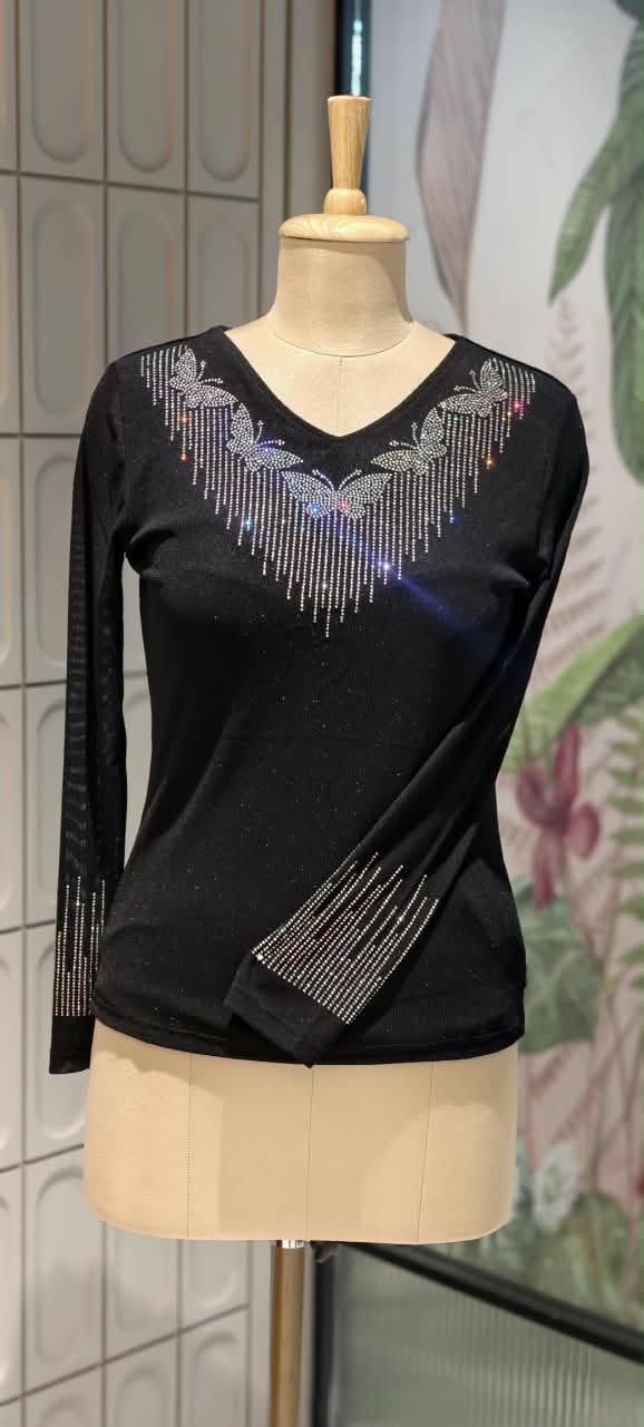 Flying Butterfly Rhinestone Fringe V-Neck Shimmer Top- 16198