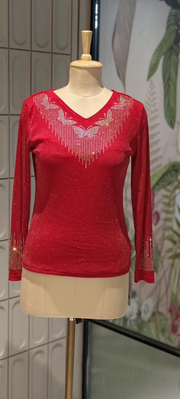 Flying Butterfly Rhinestone Fringe V-Neck Shimmer Top- 16198