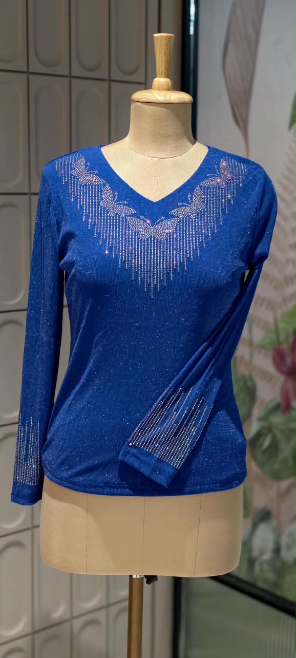 Flying Butterfly Rhinestone Fringe V-Neck Shimmer Top- 16198