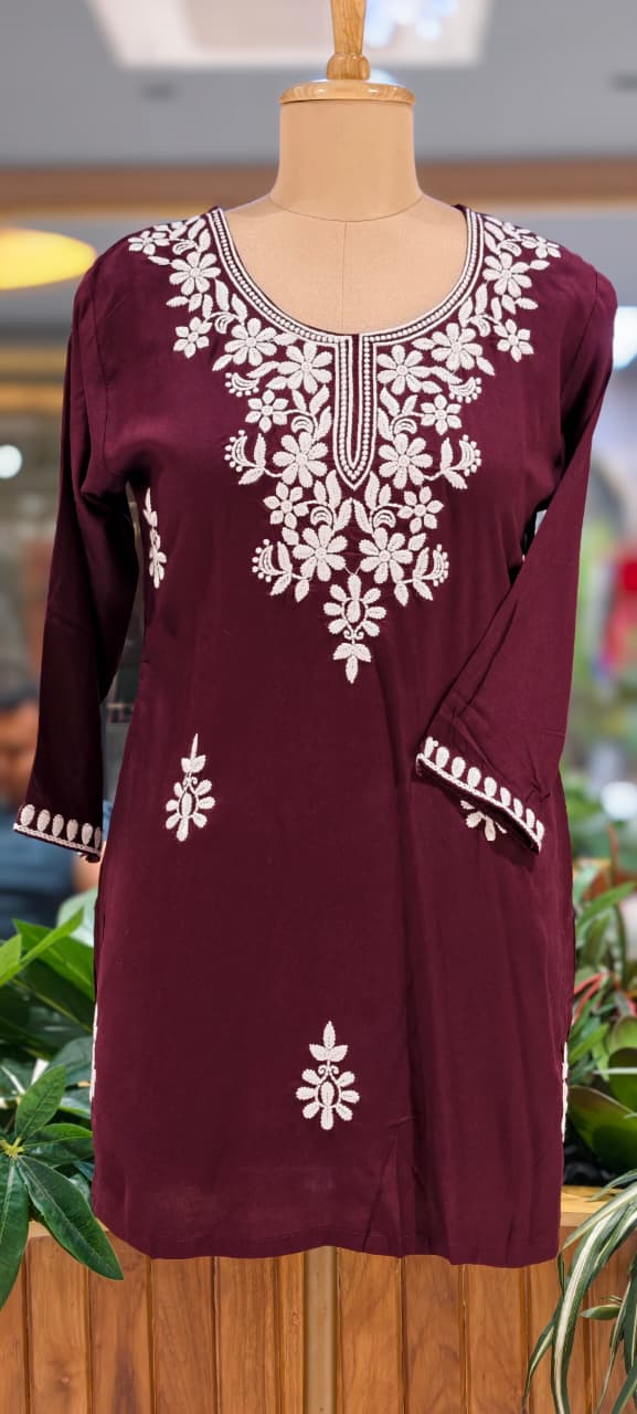 Chikankari Thread Embroidered Cotton Short Kurti Only- 15927