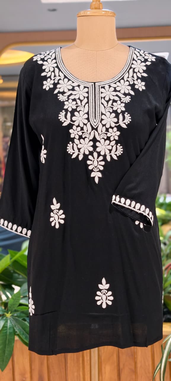 Chikankari Thread Embroidered Cotton Short Kurti Only- 15927