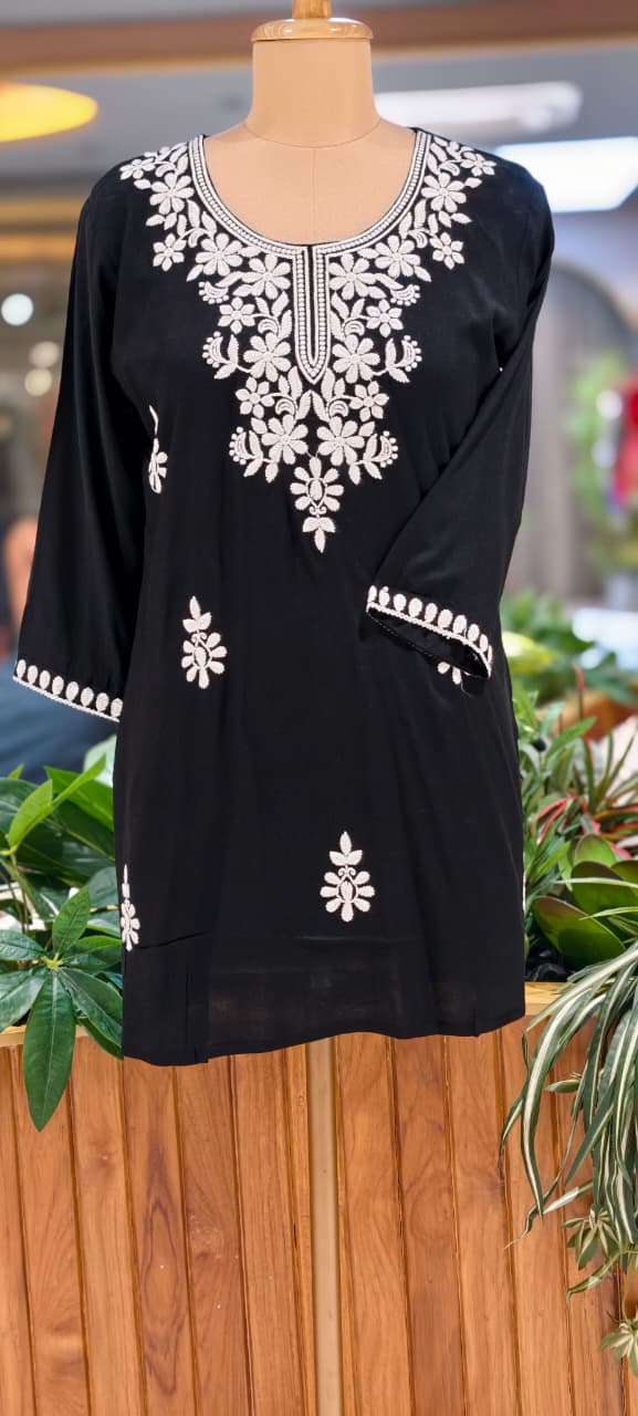 Chikankari Thread Embroidered Cotton Short Kurti Only- 15927