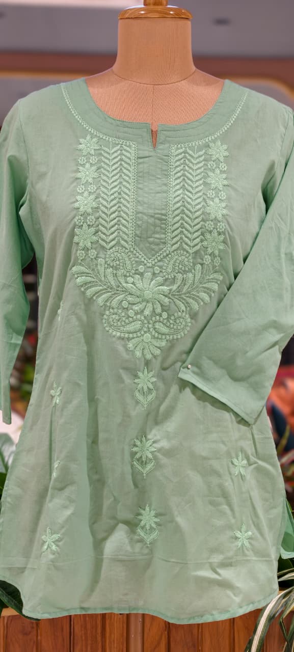 Flawless Green Chikankari Thread Embroidered Cotton Kurti Only- 15872