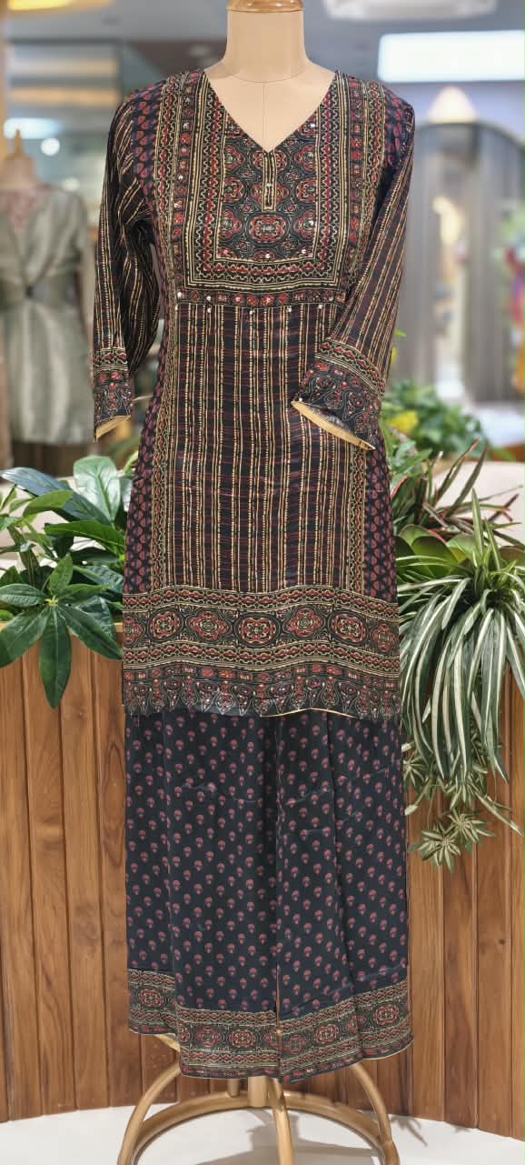 Kalamkari Linear Prints Crepe Matching Palazzo Pants Co-Ord Set- 15239