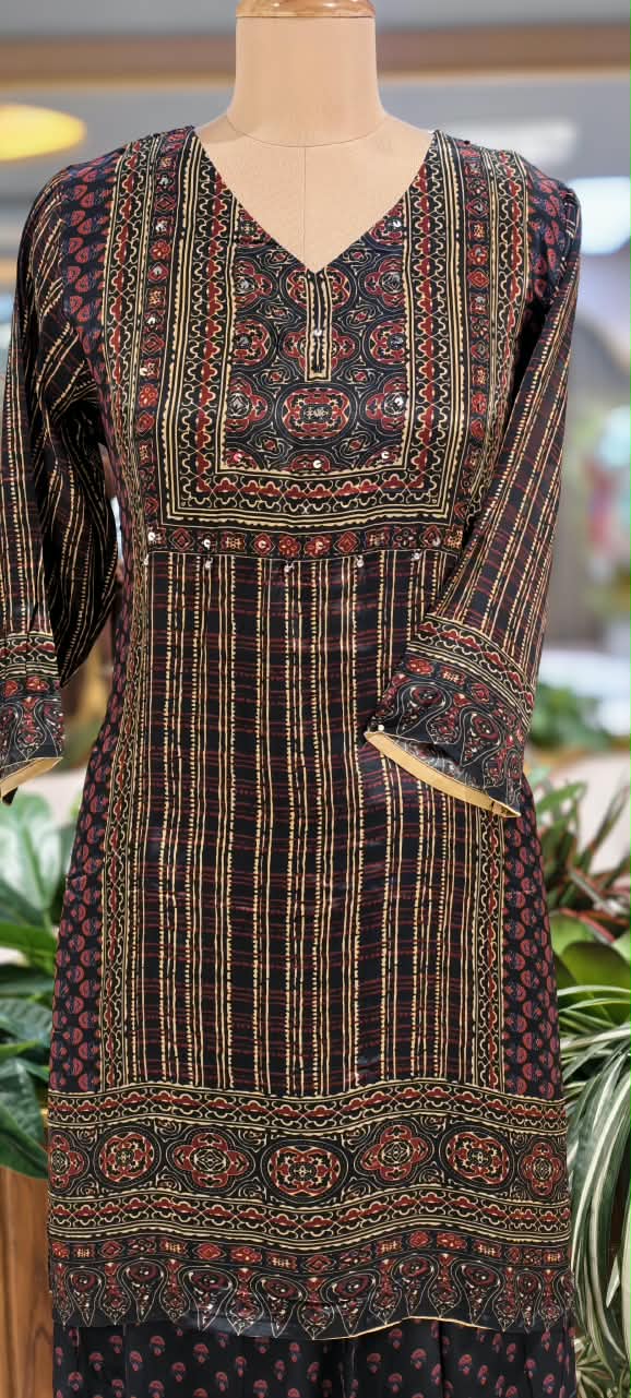 Kalamkari Linear Prints Crepe Matching Palazzo Pants Co-Ord Set- 15239
