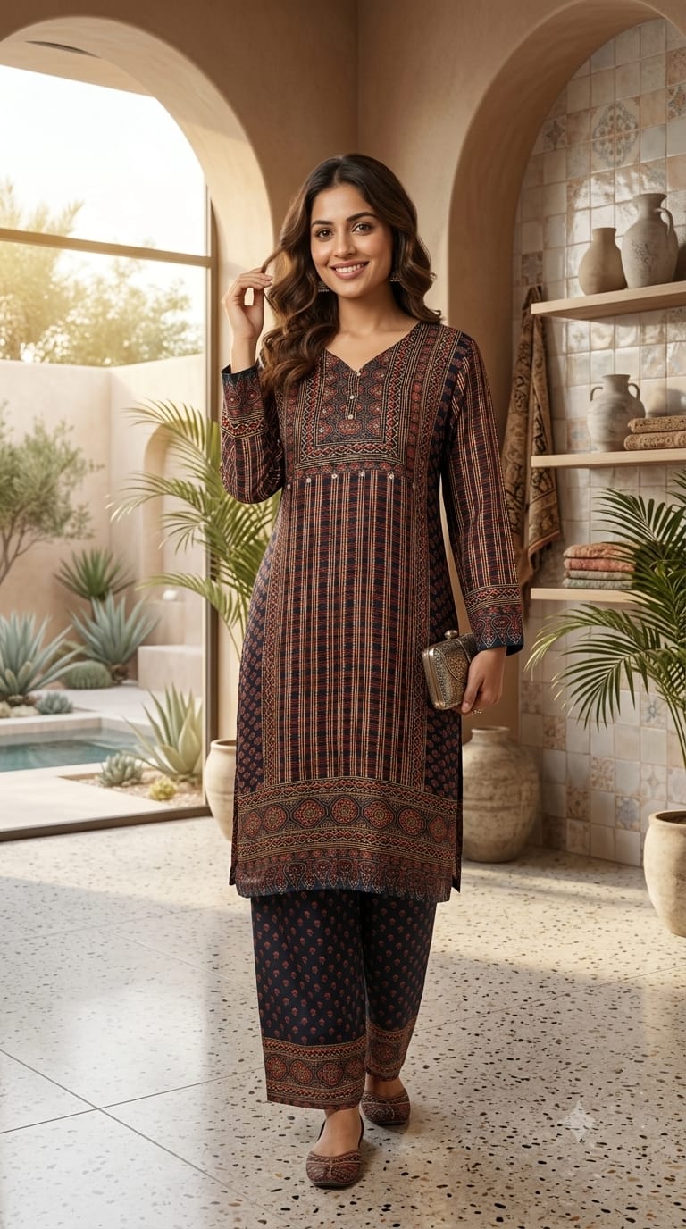 Kalamkari Linear Prints Crepe Matching Palazzo Pants Co-Ord Set- 15239