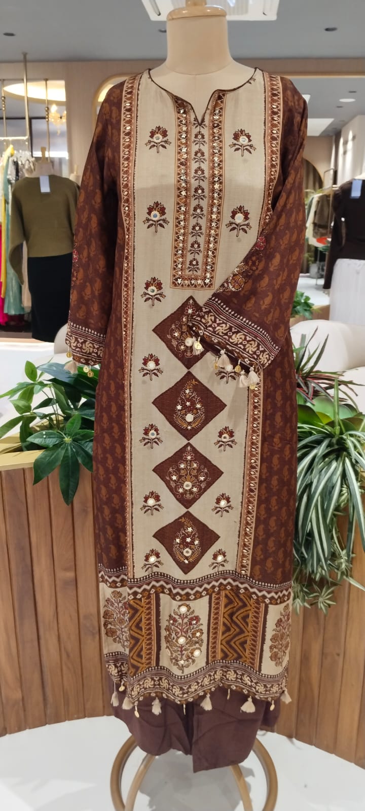 Bold Color Palette Pakistani Look Full Length Russian Silk Tassel Accent Full Suit Set With Dupatta- 16251